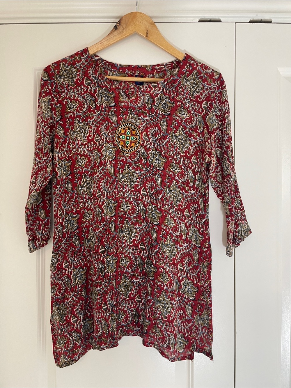 Women's Red Floral Print Boho Tunic Top 100% Cotton L